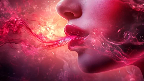 Surreal red lips exhaling luminous flowing energy stream.