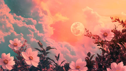 Moonlit cosmos flowers glow under vivid pastel sky
