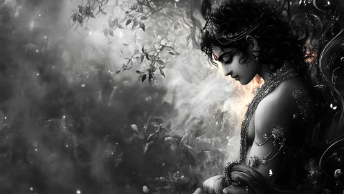 Monochrome divine profile in atmospheric digital chiaroscuro.