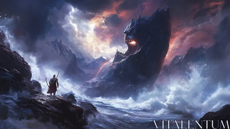 Stormlit confrontation with leviathanic basalt sea colossus.