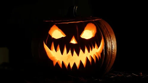 Glowing jack o lantern grins with spooky Halloween charm.