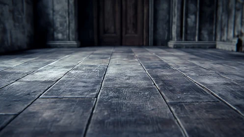 Weathered wooden floor in dim, abandoned corridor interior.