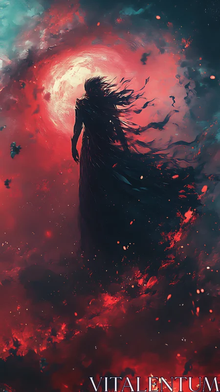 Silhouette Wanderer Wrapped In Lunar Firestorm Clouds.