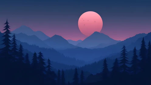 Gentle pink moon rising over peaceful twilight mountainscape.