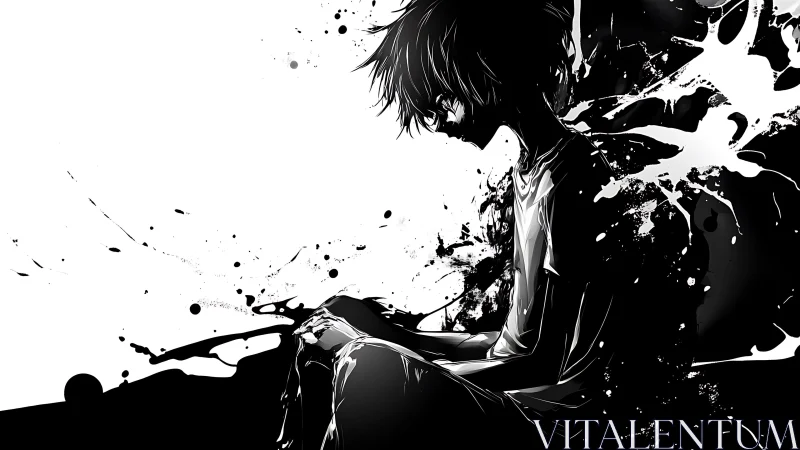 Monochrome seated figure with abstract ink-like splashes.