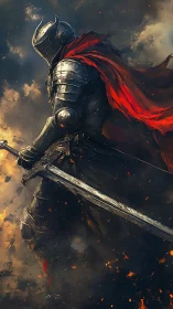 Armored knight with red cloak in burning battlefield.