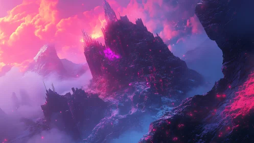 Volumetric neon citadel rising from stratified mist basin.