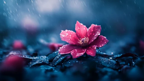 Magenta Bloom Defies Tempest Against Crystalline Dark Waters