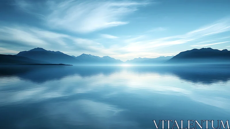 Symmetrical alpine lake horizon with low sun and layered haze