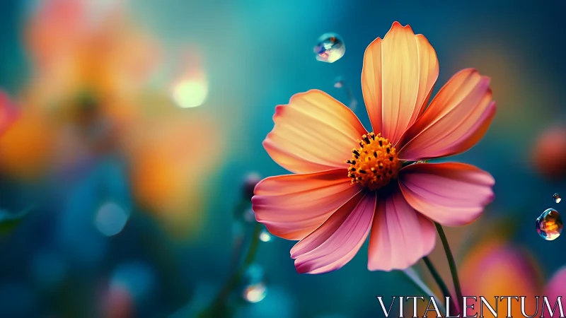Orange flower macro with bokeh and water droplets.