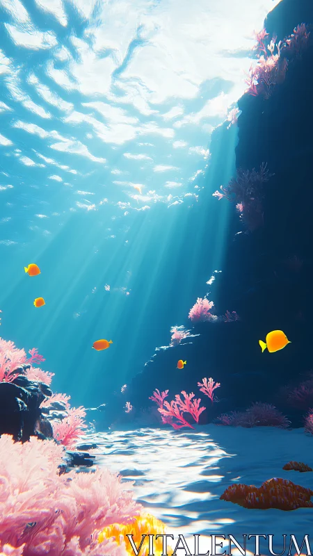 Sunlit coral canyon shows yellow fish in clear blue water