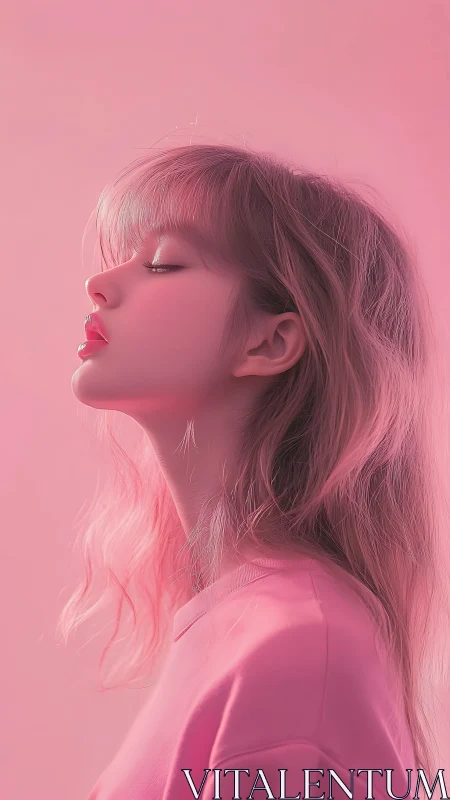 Side profile portrait in soft monochrome pink light.