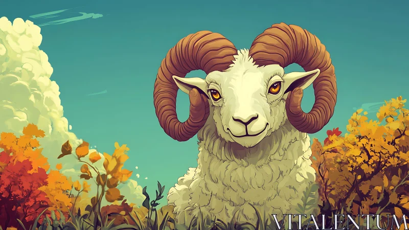 Majestic horned ram under clear autumn sky illustration.