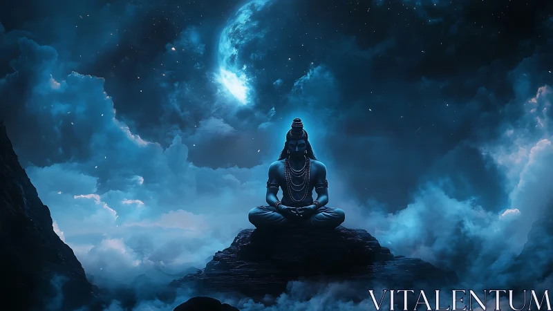 Seated deity figure occupies centered rocky platform at night