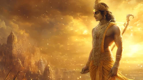 Sun-forged warrior prince above a gilded mythic kingdom.