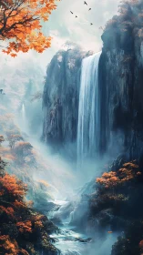 Mystic autumn canyon with towering waterfall and misty river.