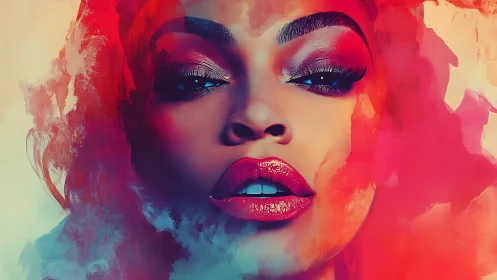 Digital portrait in vivid red and pink abstract haze.