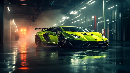 Neon green supercar waits in a moody, mist filled garage