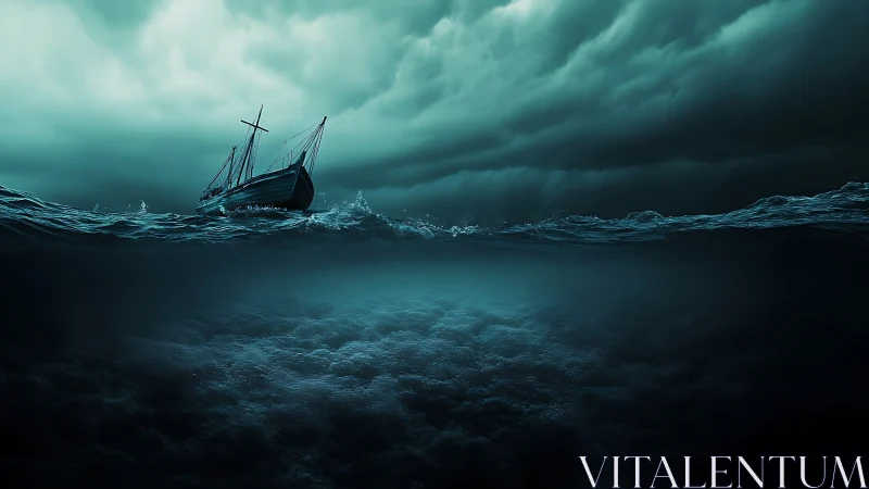 Storm-tossed wooden ship cuts dark teal ocean surface