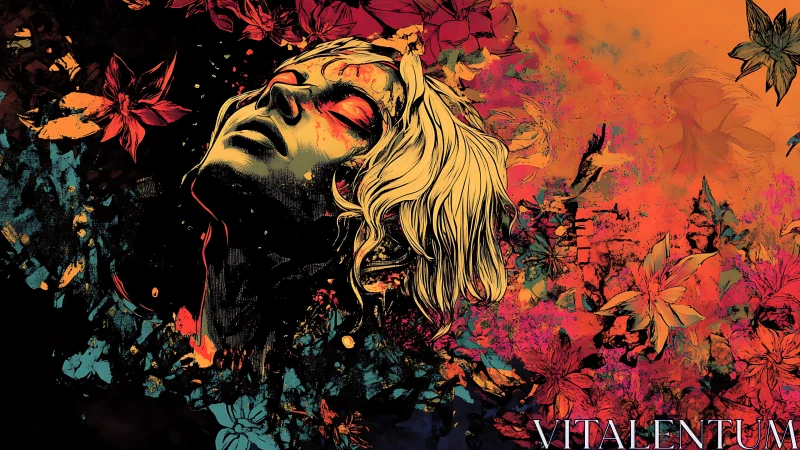 Floral-saturated portrait merges ink linework with chaotic color fields