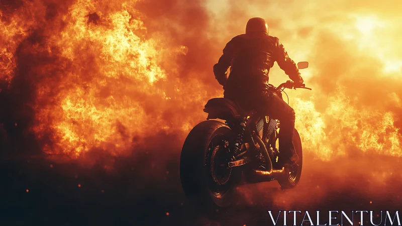 Motorcyclist accelerating through firestorm backlit by sunset