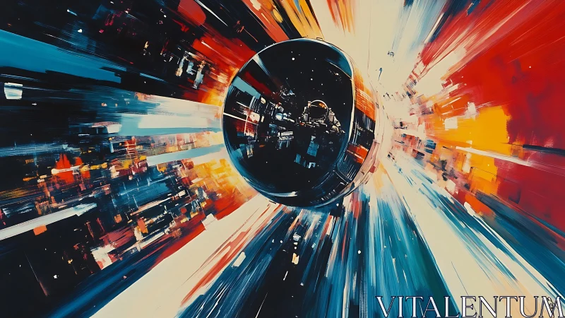 Astronaut capsule tunnels through abstract relativistic light corridor