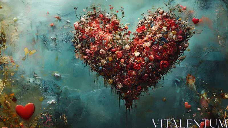 Blooming Heart Cascade: Floral Dreams Drift Through Teal Infinity.
