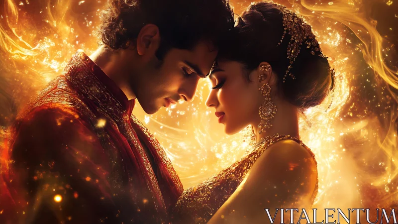 Two souls ignite—radiant lovers locked in golden fire.