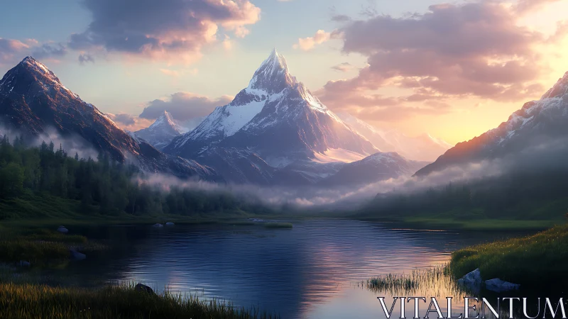 Sunlit alpine peak above misty lake valley at dawn.