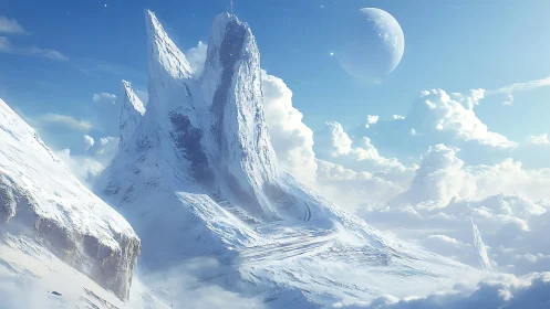 Celestial ice spires climb above clouds toward a silent moon.