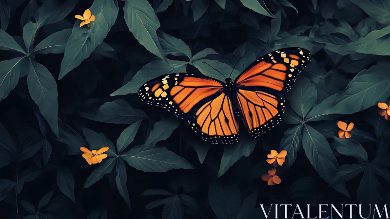 Monarch butterfly rests on dark green foliage with flowers