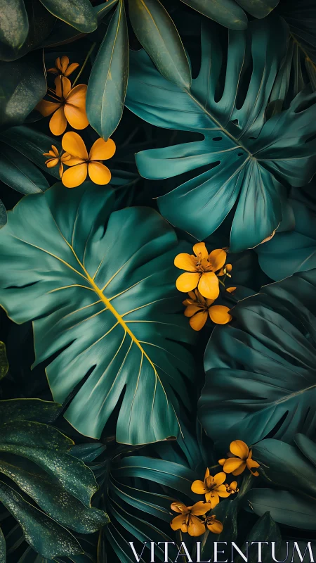 Overlapping tropical foliage and clustered yellow flowers form layers