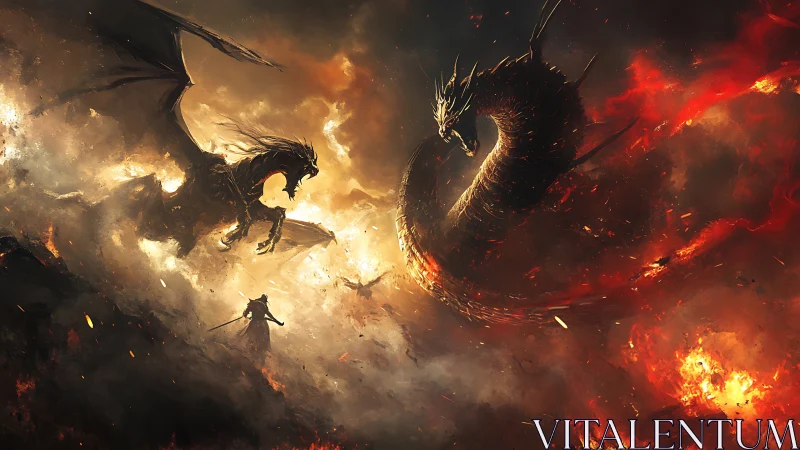 Stormlit duel between rider and twin infernal dragons.