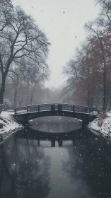 Photorealistic winter bridge over reflective canal in snowfall.