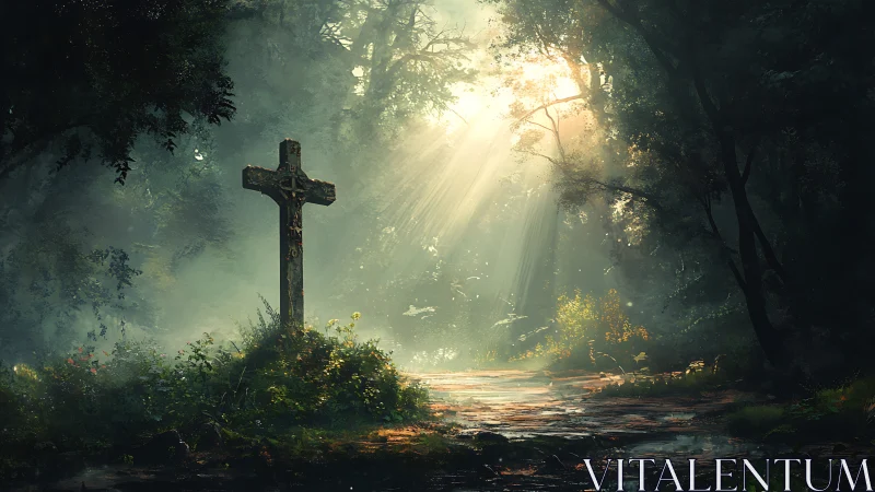 Backlit stone grave cross framed by volumetric forest light shafts