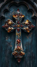 Ornate metal cross mounted on weathered dark teal door