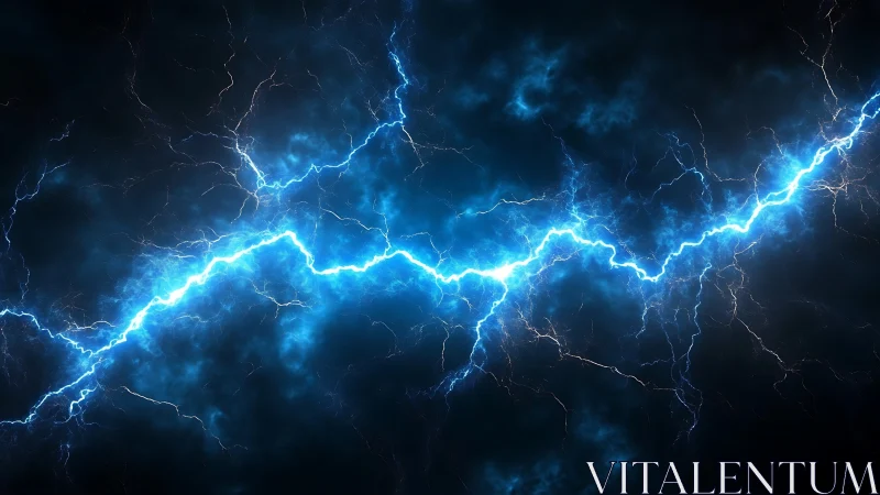 Electric blue lightning bolt across dark storm sky.