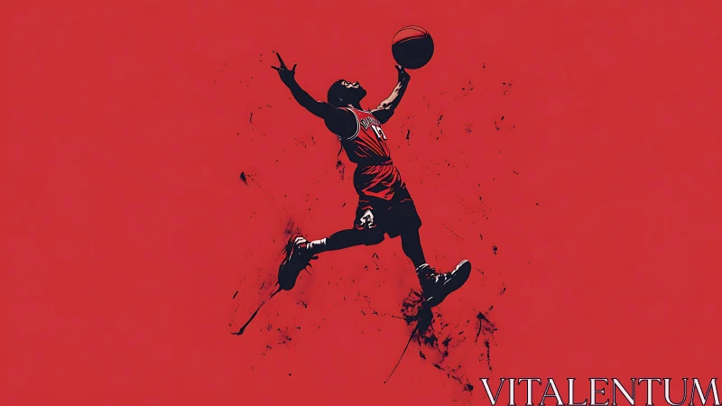 High-flying basketball dunk explodes against bold red field.