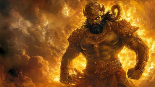 Fiery warrior demigod emerges from swirling golden flames.