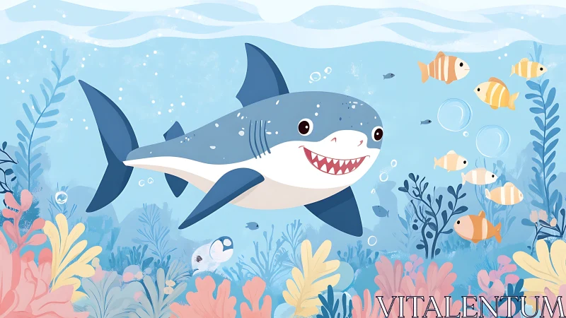 Cartoon shark among coral reef plants and tropical fish.