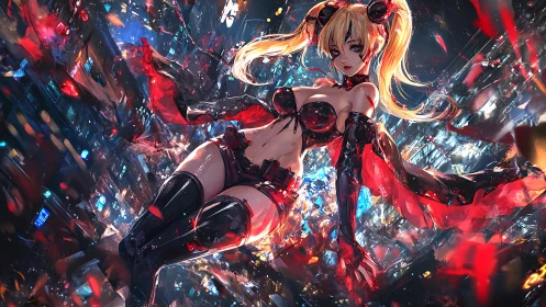 Cyberpunk anime vixen over neon cityscape in red storm.