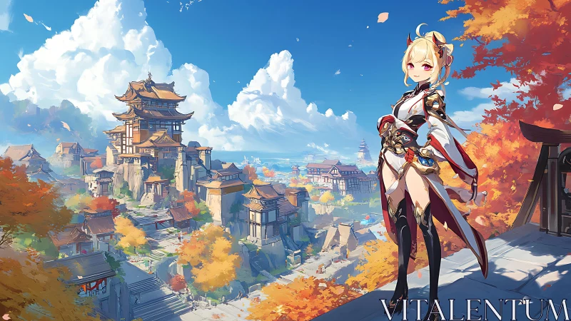 Armored anime girl overlooks expansive autumn cityscape