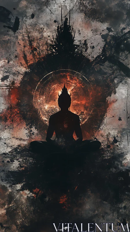 Meditating silhouette amid fiery cosmic mandala vortex.