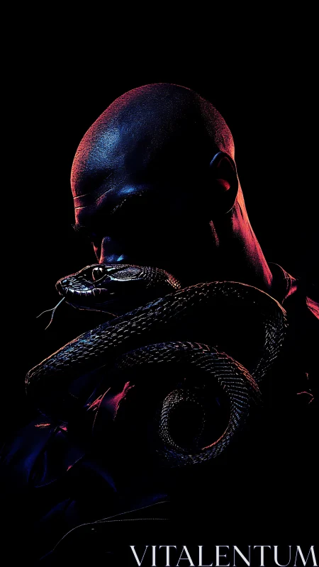 Man and serpent merge in moody neon-shadowed portrait