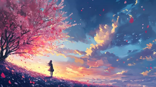 Girl under pink blossom tree at vivid sunset sky.