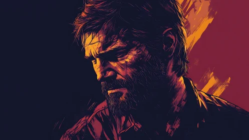 Brooding bearded man in dramatic dual-tone portrait art.