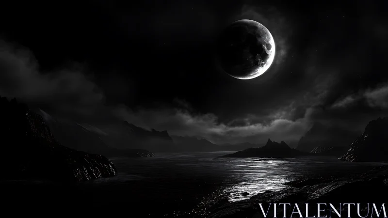 Eclipsed moonlight washes a dark alien shoreline in silver.