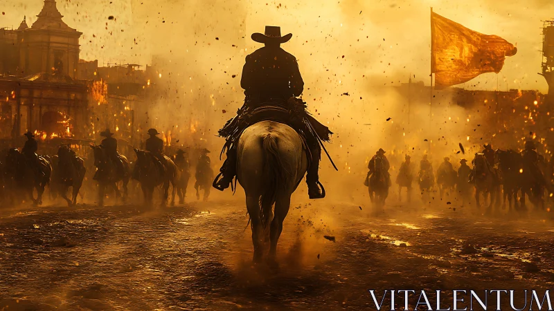 Silhouetted cavalry advances through burning city at dusk