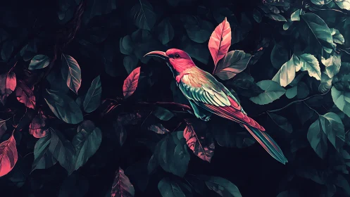 Tropical bird on branch amid dark neon foliage.