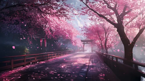 Sunlit cherry blossom path leading to a quiet shrine.